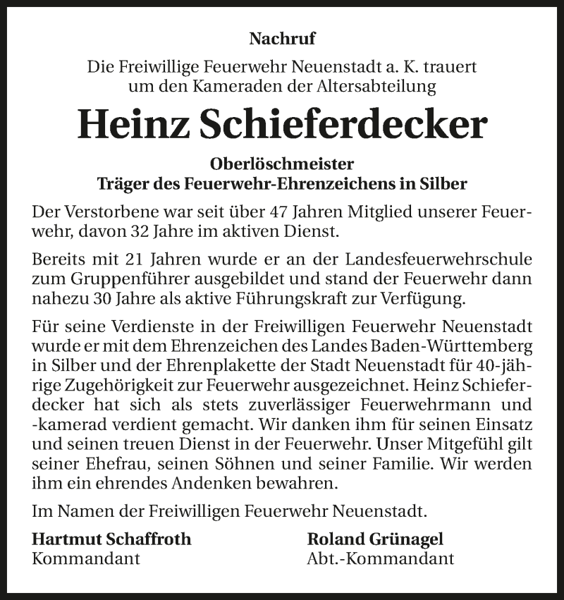  Traueranzeige für Heinz Schieferdecker vom 07.10.2015 aus 