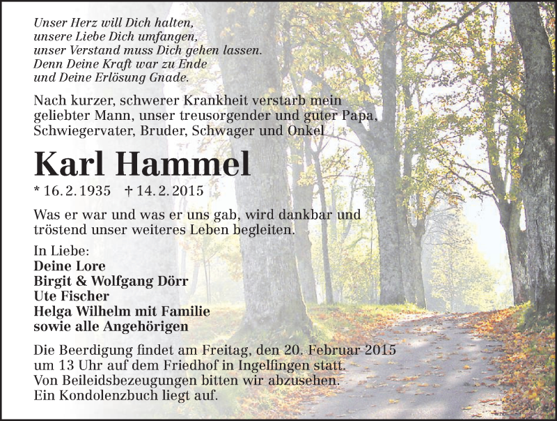  Traueranzeige für Karl Hammel vom 18.02.2015 aus 