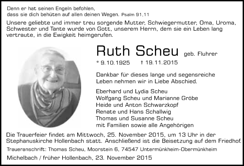  Traueranzeige für Ruth Scheu vom 23.11.2015 aus 