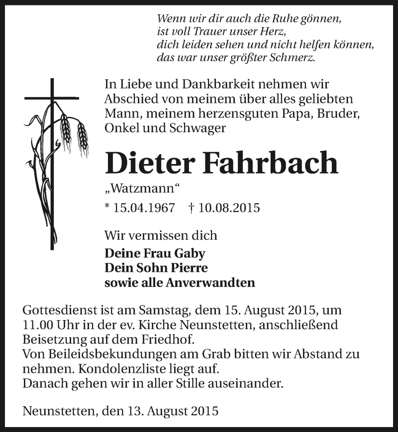  Traueranzeige für Dieter Fahrbach vom 13.08.2015 aus 