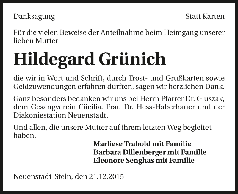  Traueranzeige für Hildegard Grünich vom 22.12.2015 aus 