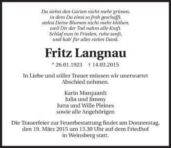 Traueranzeige von Fritz Langnau 