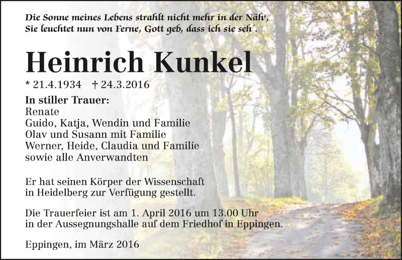  Traueranzeige für Heinrich Kunkel vom 29.03.2016 aus 