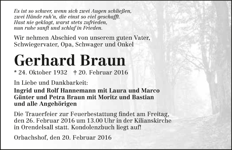  Traueranzeige für Gerhard Braun vom 23.02.2016 aus 