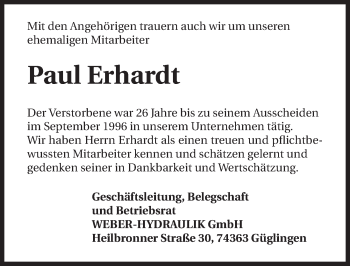 Traueranzeige von Paul Erhardt 