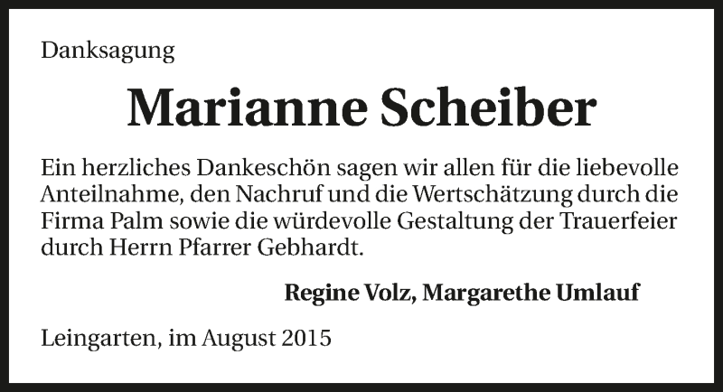  Traueranzeige für Marianne Scheiber vom 15.08.2015 aus 