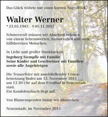 Traueranzeige von Walter Werner 
