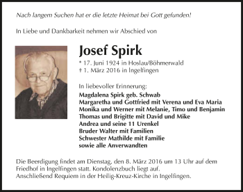 Traueranzeige von Josef Spirk 