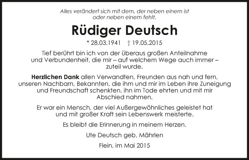  Traueranzeige für Rüdiger Deutsch vom 30.05.2015 aus 
