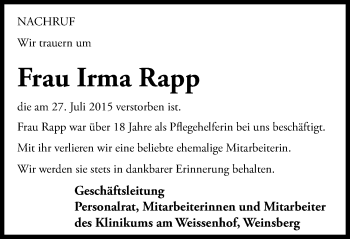 Traueranzeige von Irma Rapp 