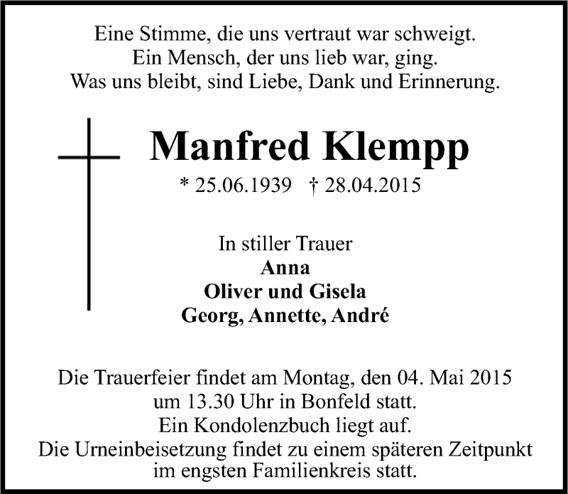  Traueranzeige für Manfred Klempp vom 02.05.2015 aus 