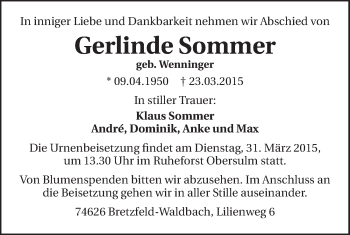 Traueranzeige von Gerlinde Sommer 