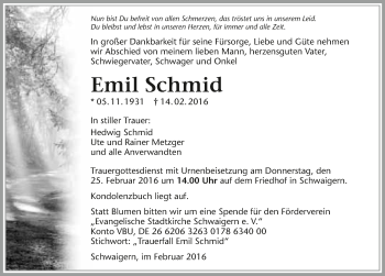 Traueranzeige von Emil Schmid 