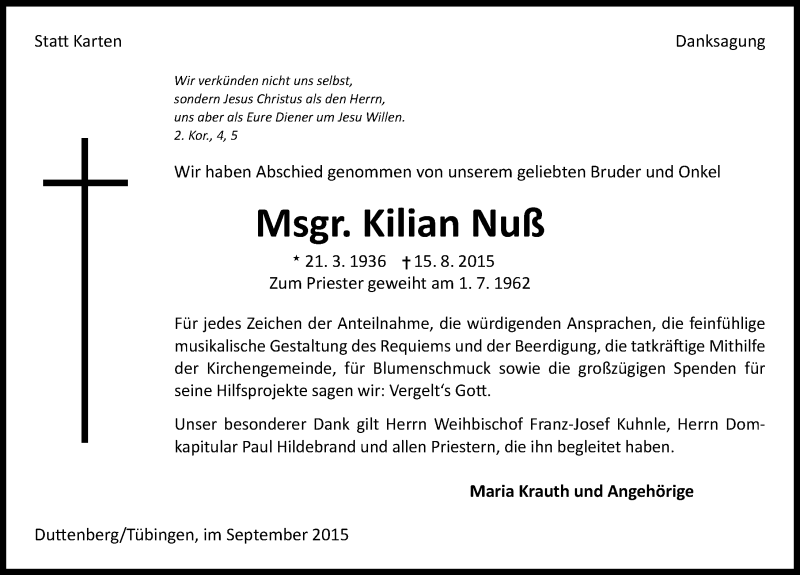  Traueranzeige für Kilian Nuß vom 05.09.2015 aus 