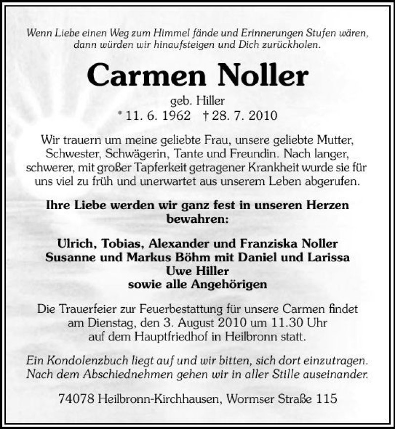  Traueranzeige für Carmen Noller vom 30.07.2010 aus 