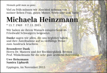 Traueranzeige von Michaela Heinzmann 