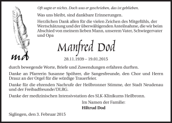 Traueranzeige von Manfred Dod 