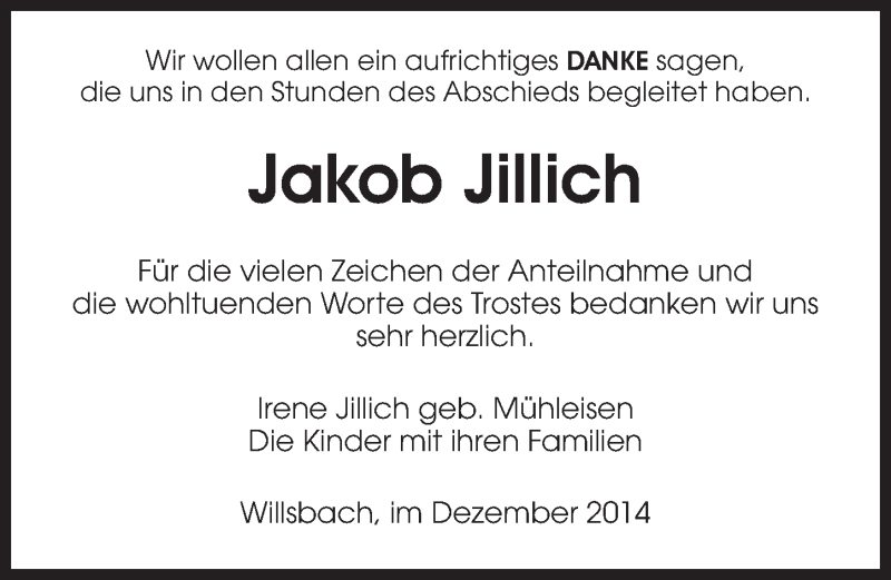  Traueranzeige für Jakob Jillich vom 30.12.2014 aus 
