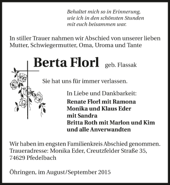 Traueranzeige von Berta Florl 