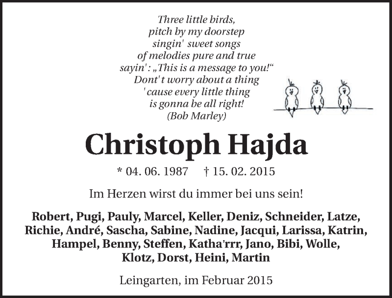  Traueranzeige für Christoph Hajda vom 20.02.2015 aus 