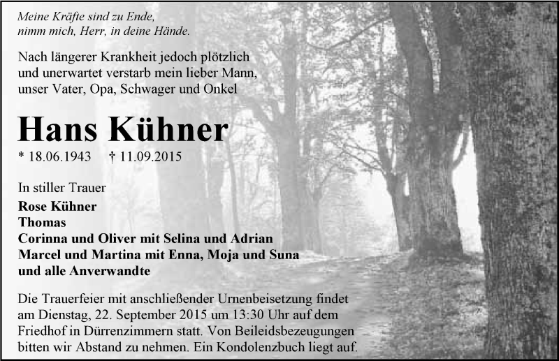  Traueranzeige für Hans Kühner vom 17.09.2015 aus 