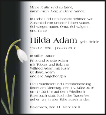 Traueranzeige von Hilda Adam 