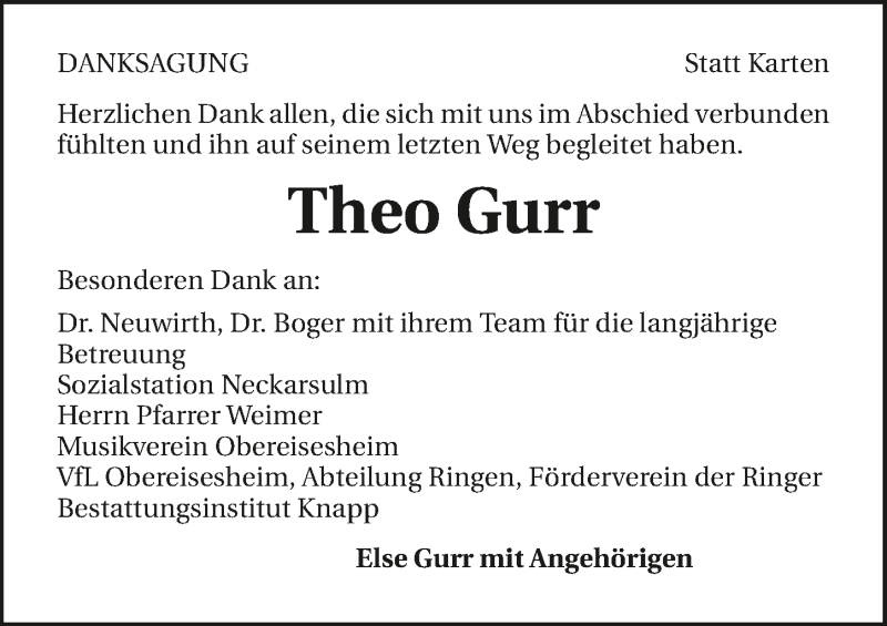  Traueranzeige für Theo Gurr vom 05.06.2015 aus 