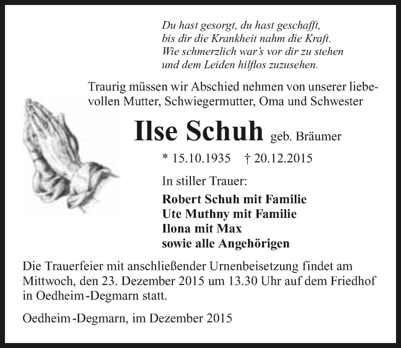  Traueranzeige für Ilse Schuh vom 22.12.2015 aus 