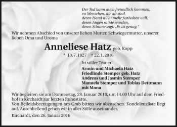 Traueranzeige von Anneliese Hatz 