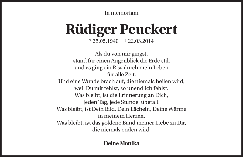  Traueranzeige für Rüdiger Peuckert vom 21.03.2015 aus 