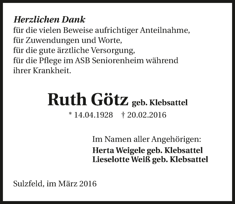  Traueranzeige für Ruth Götz vom 08.03.2016 aus 