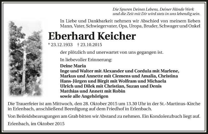  Traueranzeige für Eberhard Keicher vom 27.10.2015 aus 