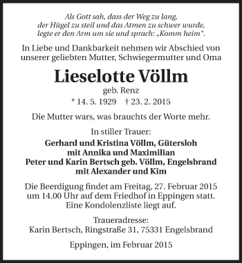 Traueranzeige von Lieselotte Völlm 