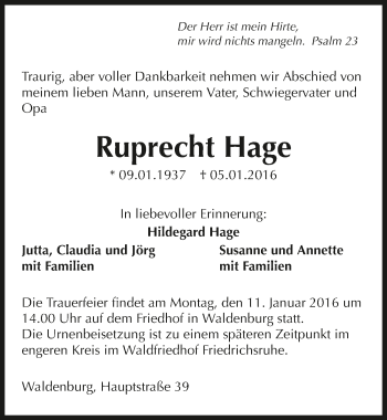 Traueranzeige von Ruprecht Hage 