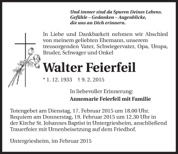 Traueranzeige von Walter Feierfeil 