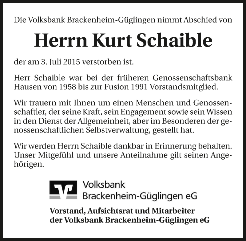  Traueranzeige für Kurt Schaible vom 07.07.2015 aus 