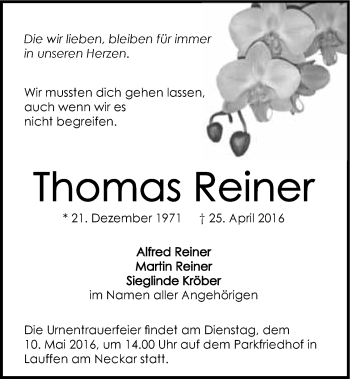 Traueranzeige von Thomas Reiner 