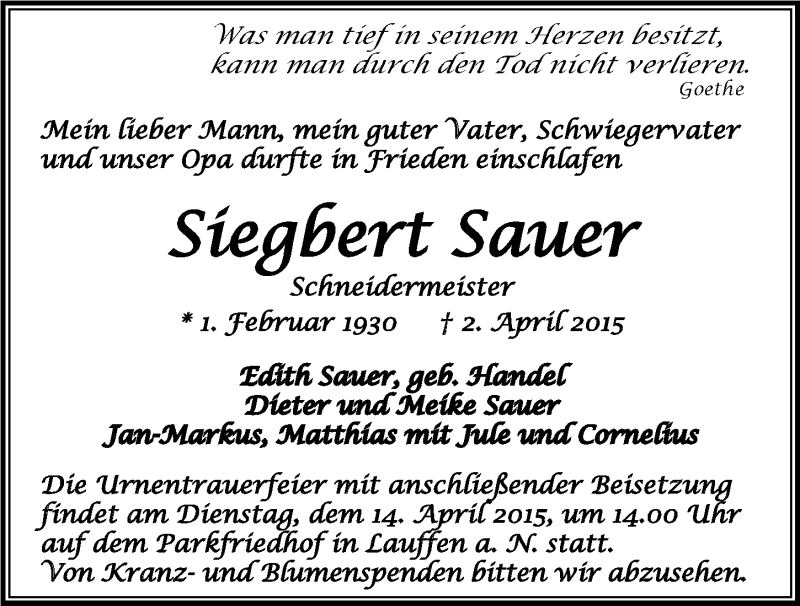  Traueranzeige für Siegbert Sauer vom 08.04.2015 aus 