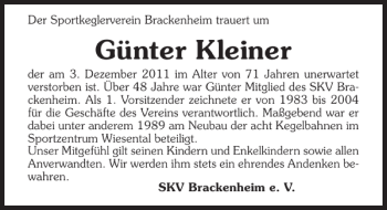 Traueranzeige von Günter Kleiner 
