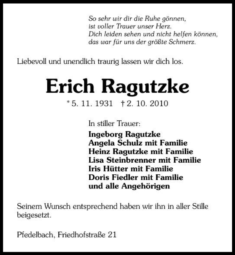  Traueranzeige für Erich Ragutzke vom 11.10.2010 aus 