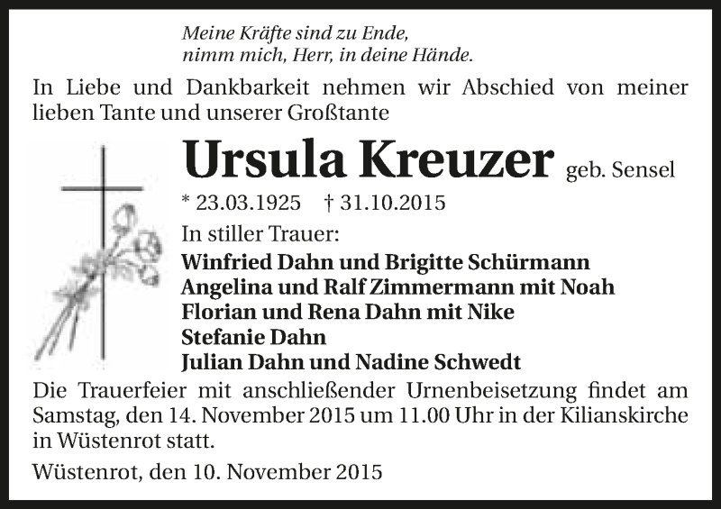  Traueranzeige für Ursula Kreuzer vom 10.11.2015 aus 