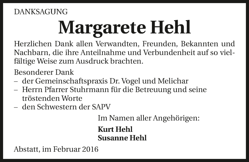  Traueranzeige für Margarete Hehl vom 27.02.2016 aus 