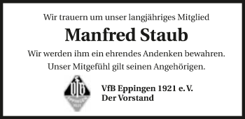 Traueranzeige von Manfred Staub 