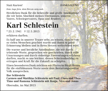 Traueranzeige von Karl Schlestein 