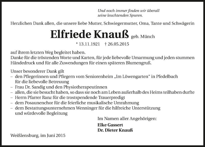  Traueranzeige für Elfriede Knauß vom 13.06.2015 aus 