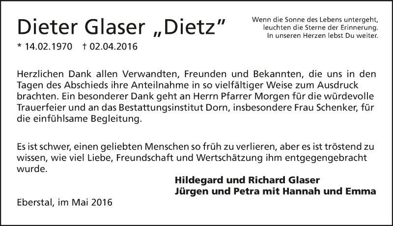  Traueranzeige für Dieter Glaser vom 14.05.2016 aus 