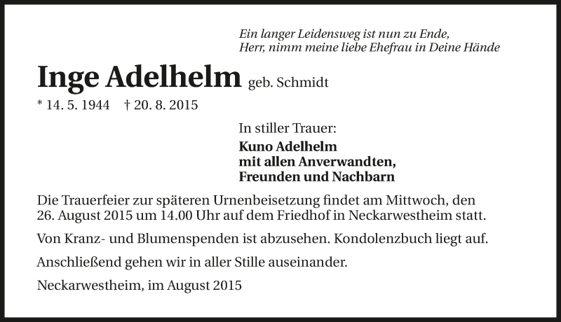  Traueranzeige für Kuno Adelhelm vom 25.08.2015 aus 
