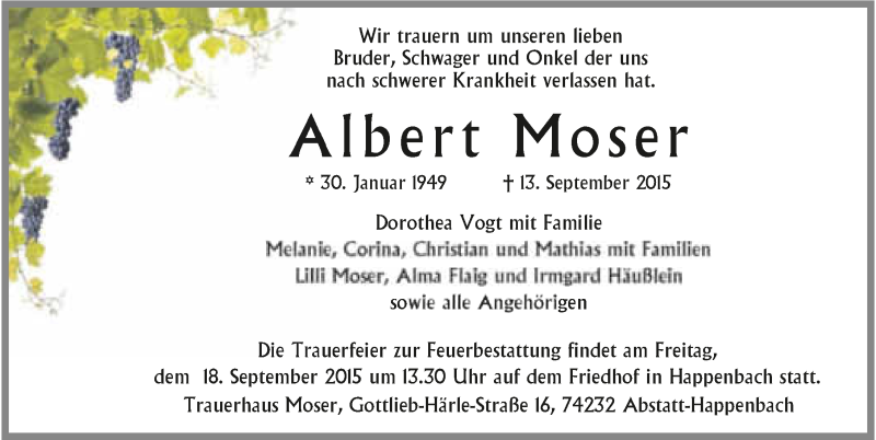  Traueranzeige für Albert Moser vom 16.09.2015 aus 