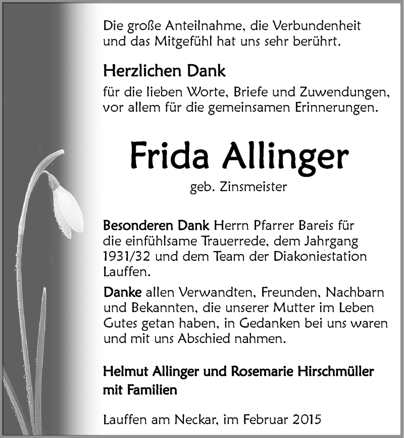  Traueranzeige für Frida Allinger vom 28.02.2015 aus 