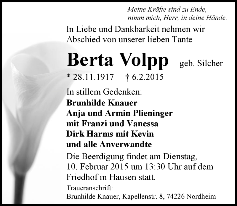  Traueranzeige für Berta Volpp vom 09.02.2015 aus 